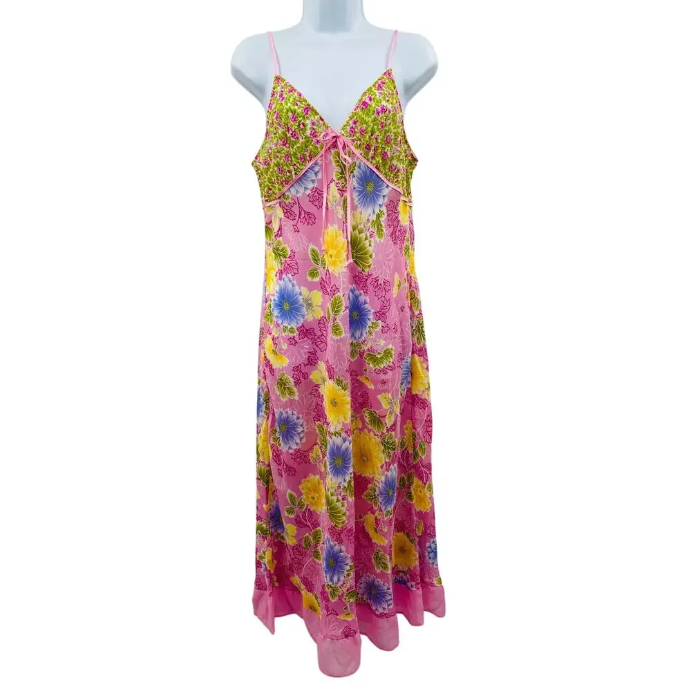 Y2K pink yellow floral sheer maxi slip dress - Picture 1 of 4